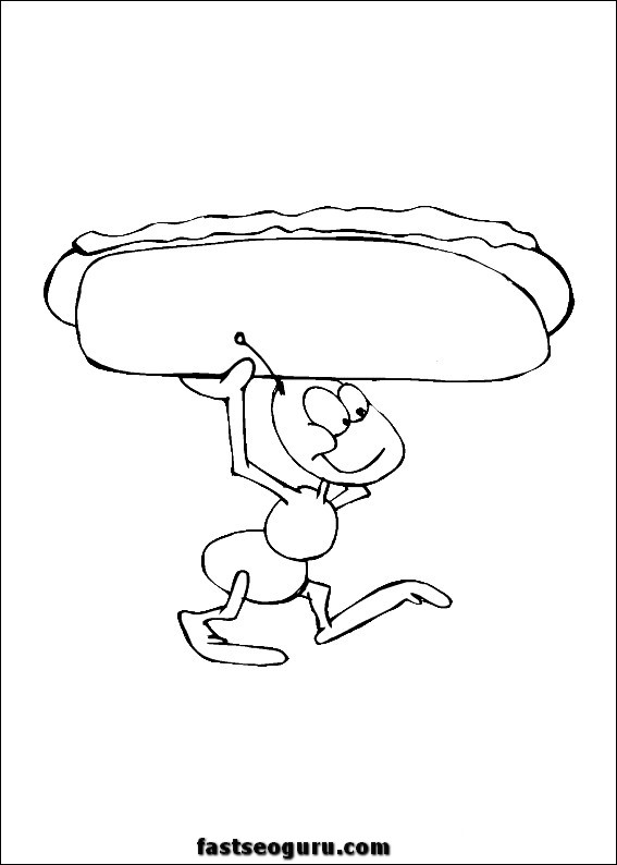 Ants with hot dog print out coloring page